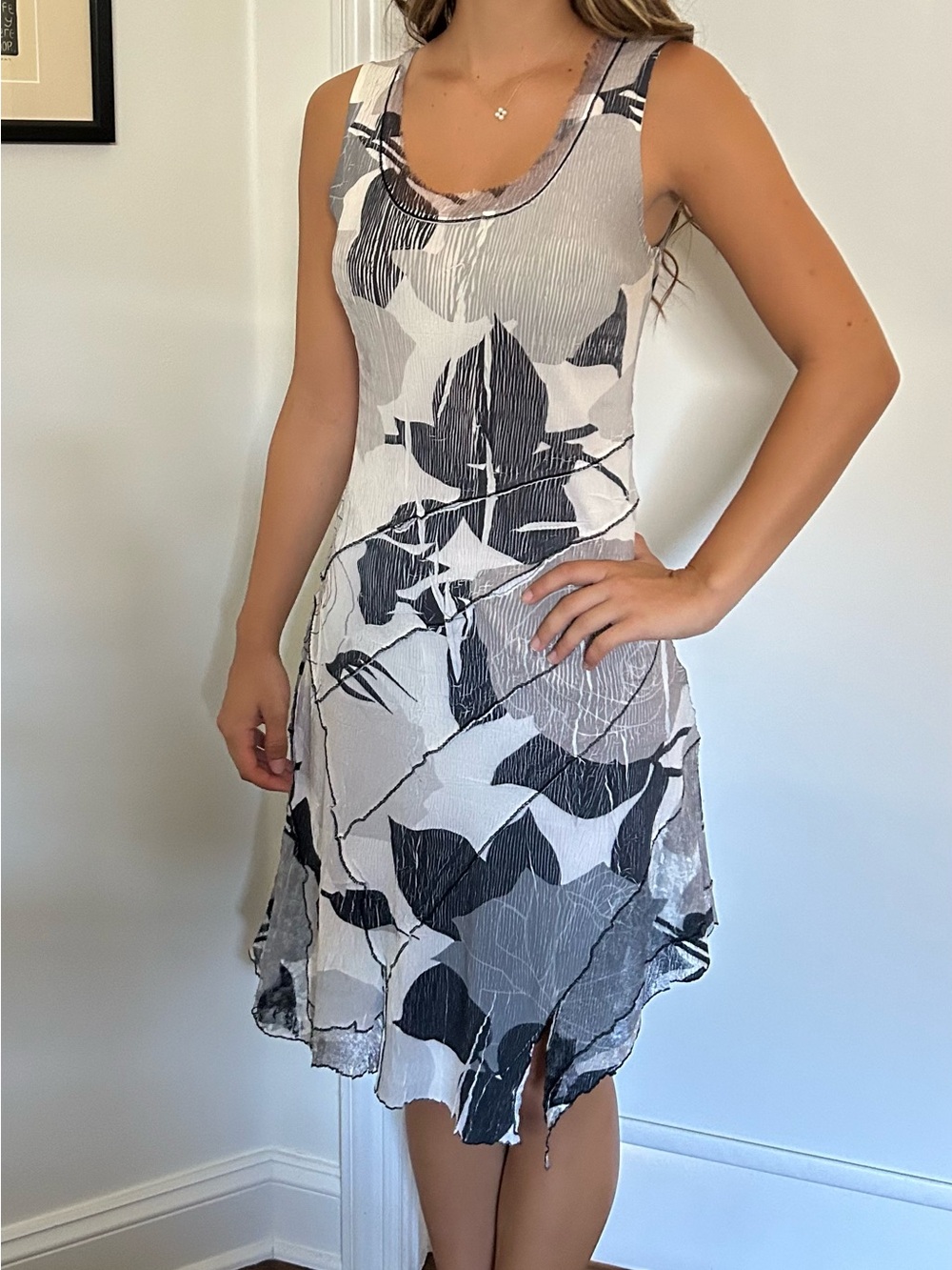 Komarov Sleeveless Black, Gray & White Printed with Lace details Midi Dress